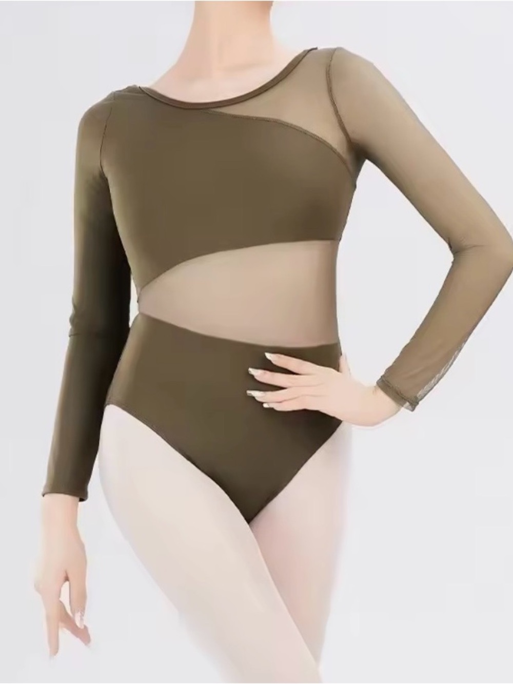 Olive Mesh-Panel Long Sleeve ballet leotard